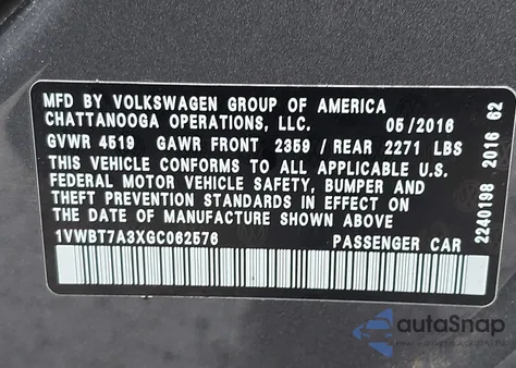 2016 Volkswagen Passat 1.8T Se from USA, damaged, VIN 1VWBT7A3XGC062576